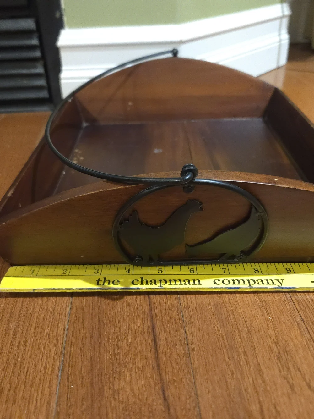 Farmhouse Style Wood & Metal Serving Tray w/ Black Swing Handle, Rooster Accent
